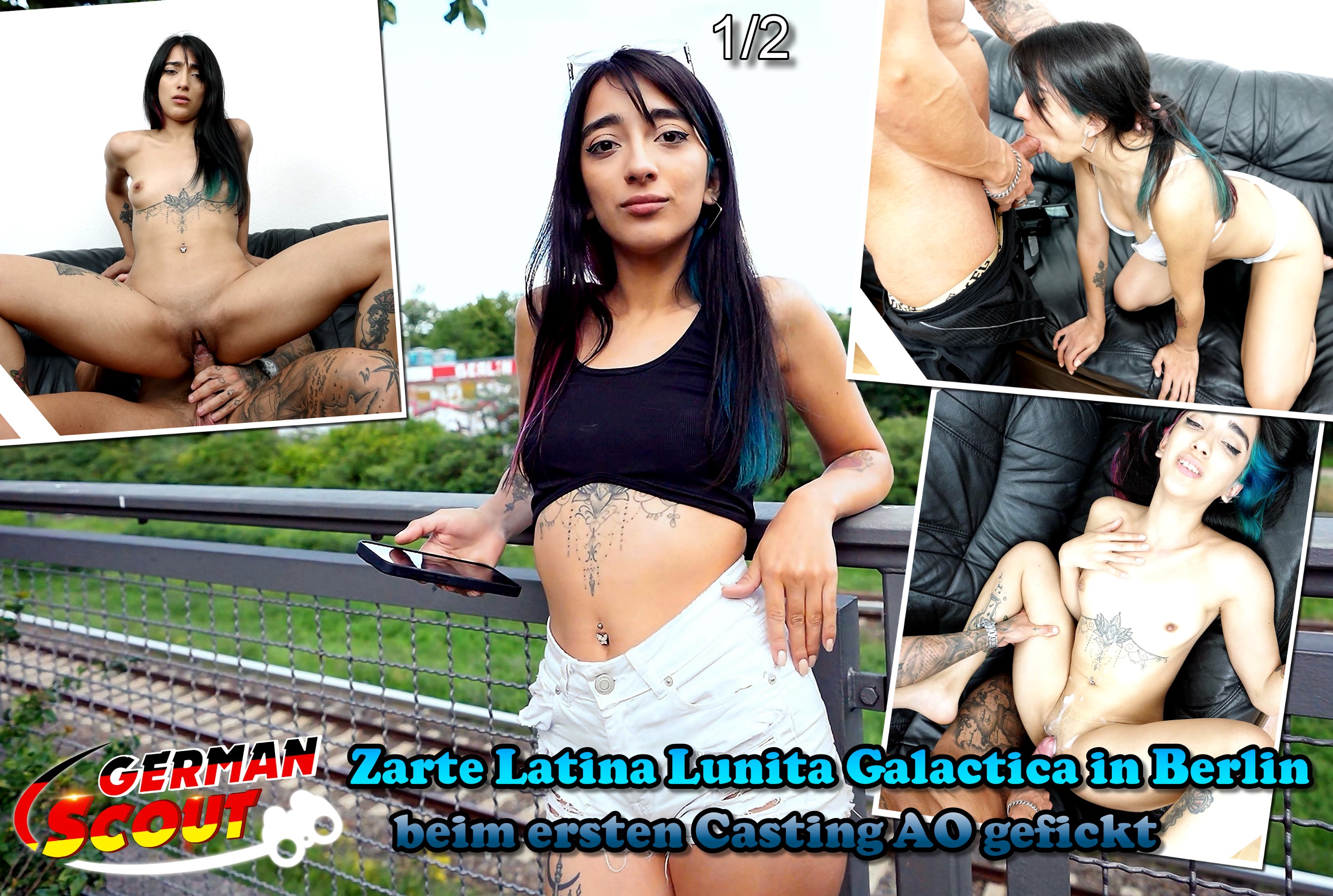 GERMAN SCOUT - Zarte Latina Lunita Galactica in Berlin beim ersten Casting AO gefickt Teil 1 Ich war mal wieder in Berlin unterwegs und traf auf eine nur 150cm und 50Kg leichte Latina. Sie war schnell locker und machte Urlaub hier in Berlin. Sie kommt eigentlich aus Argentinien und probiert gerne neue Sachen aus. Das passte natürlich perfekt und schnell konnte ich ein paar Bilder von ihr machen. Sie hatte auch kein Problem direkt mit zu mir zu kommen. Bei mir angekommen zog sie weiße durchsichtige Unterwäsche an und posierte sehr aufreizend. Sie führte meine Hand an ihren Po und ging direkt danach auf die Knie. Schnell hatte sie mein Teil ausgepackt und fing an tief zu blasen. Danach durfte ich ohne Kondom rein und sie war super eng. Wir trieben es richtig heftig und sie spritze heftig beim Orgasmus ab. Danach gab ich nochmal Gas und kam auf ihrer Pussy und steckte ihn nochmal rein.