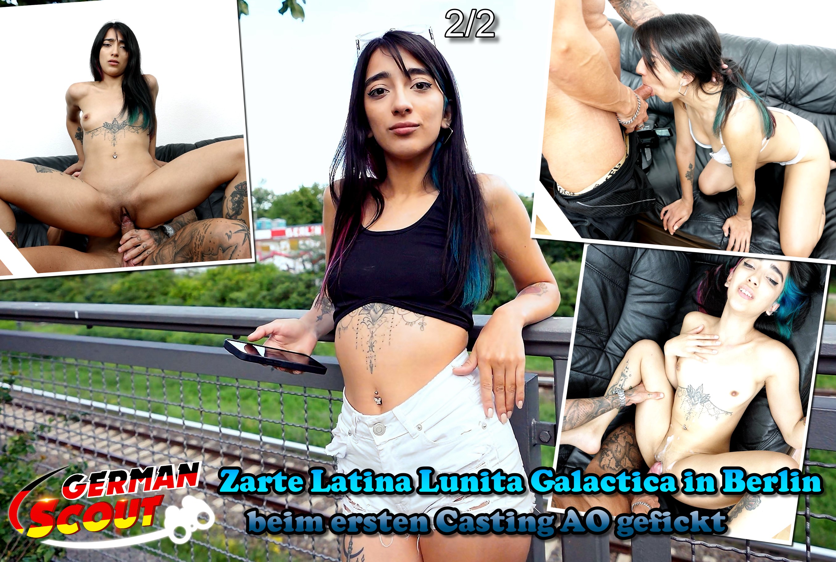 GERMAN SCOUT - Zarte Latina Lunita Galactica in Berlin beim ersten Casting AO gefickt Teil 2 Ich war mal wieder in Berlin unterwegs und traf auf eine nur 150cm und 50Kg leichte Latina. Sie war schnell locker und machte Urlaub hier in Berlin. Sie kommt eigentlich aus Argentinien und probiert gerne neue Sachen aus. Das passte natürlich perfekt und schnell konnte ich ein paar Bilder von ihr machen. Sie hatte auch kein Problem direkt mit zu mir zu kommen. Bei mir angekommen zog sie weiße durchsichtige Unterwäsche an und posierte sehr aufreizend. Sie führte meine Hand an ihren Po und ging direkt danach auf die Knie. Schnell hatte sie mein Teil ausgepackt und fing an tief zu blasen. Danach durfte ich ohne Kondom rein und sie war super eng. Wir trieben es richtig heftig und sie spritze heftig beim Orgasmus ab. Danach gab ich nochmal Gas und kam auf ihrer Pussy und steckte ihn nochmal rein.