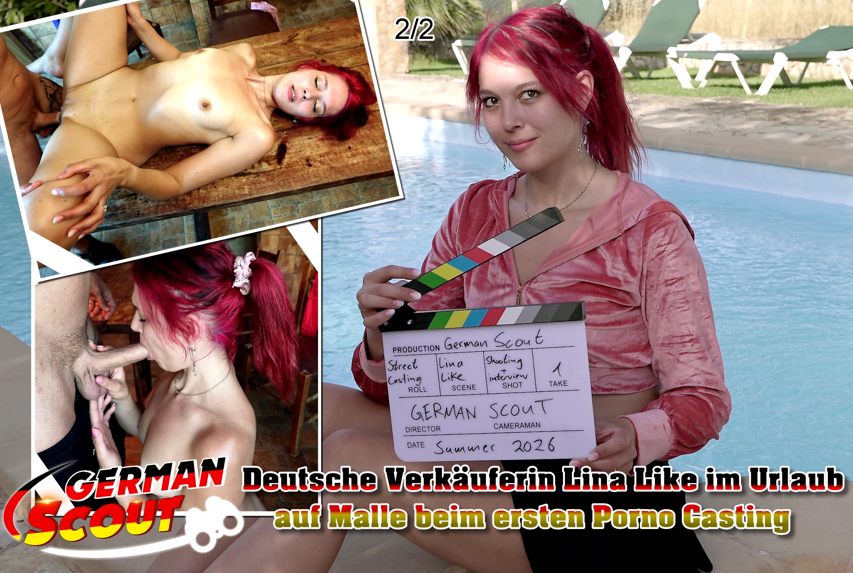 GERMAN SCOUT - Deutsche Verkäuferin Lina Like im Urlaub auf Malle beim ersten Porno Casting Teil 2 Ich war für einen kurzen Trip auf Mallorca und die Kamera war natürlich mit dabei. Nach vielen Gesprächen, aber leider nicht mehr, traf auf eine 23 Jahre junge Deutsche. Ihre roten Haare und die Größe von 180cm vielen mir sofort auf. Sie war auch zum Urlaub auf der Insel und kommt eigentlich aus Bayern. Dort arbeitet sie als Verkäuferin aber war offen für neue Dinge. Die konnte ich ihr natürlich bieten und so durfte ich erste Bilder von ihr machen. Danach beschlossen wir zu mir in die gemietete Finka zu gehen. Bei mir angekommen machten wir erste Bilder am Pool und bald saß sie nackt auf dem Tisch. Ich spielte erst ein bisschen an ihrer Muschi und sie fing dann an zu blasen. So machte ihn sie mir richtig hart und ich steckte ihn ihr von hinten rein. Ein richtig schön runder Arsch mit dem sie mich dann reiten durfte. Ich spreizte ihre langen Schamlippen und steckte ihn wieder rein. Danach das Kondom ab und die ganze Ladung auf die Muschi gewichst.