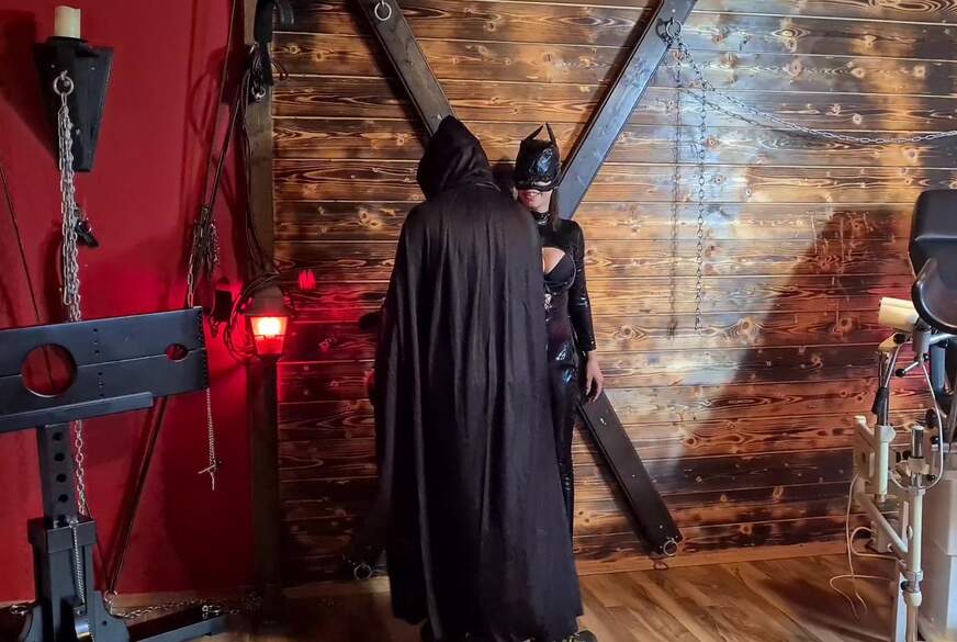 Schwarze Katze mit lockigem Haar gebunden und mit Paddel gestreichelt von Sabrina2211